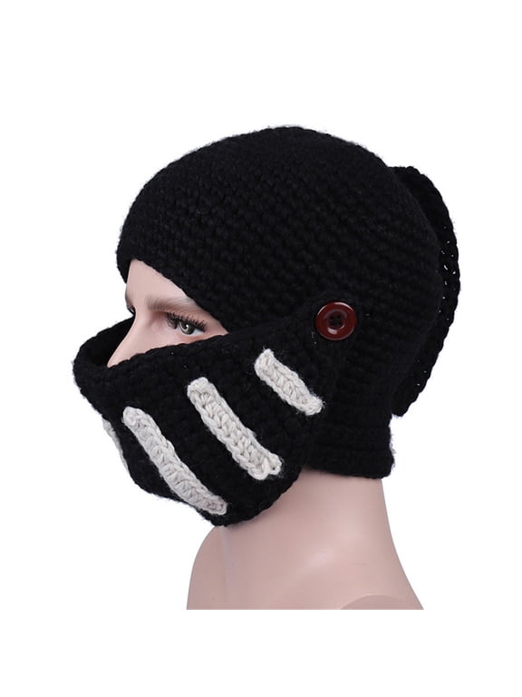 Funny Knight Helmet Beanie with Beard Hat Handmade Knitted Winter Thick Cap Ski Mask Black One Size