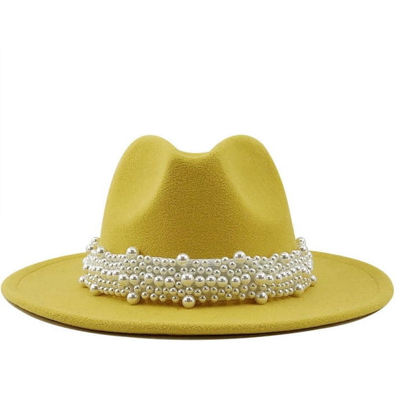 PoureLoom Hats for Women Panama Hat Wide Brim Felt Hat Classic Trilby Hat with Pearl Yellow L