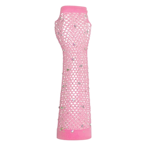 PoureLoom Long Fingerless Fishnet Gloves Sparkly Rhinestone Mesh Gloves for 80s Costume Concert Outfits Pink ONESIZE