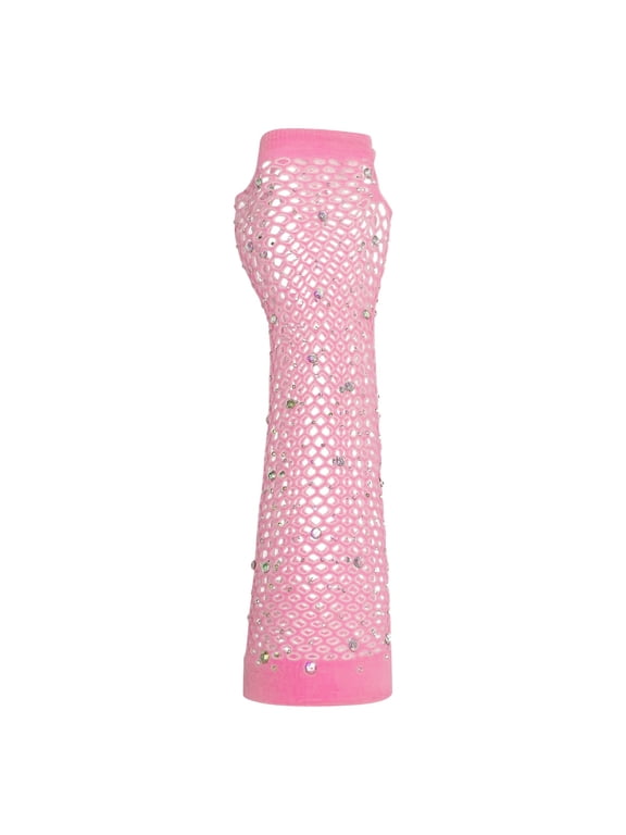 Long Fingerless Fishnet Gloves Sparkly Rhinestone Mesh Gloves for 80s Costume Concert Outfits Pink ONESIZE