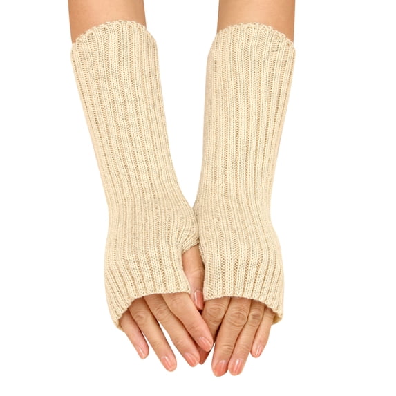 PoureLoom Long Fingerless Gloves for Women Knit Arm Warmers Cozy Winter Fingerless Gloves Ribbed arm sleeves Great Holiday Gift White 2 One Size