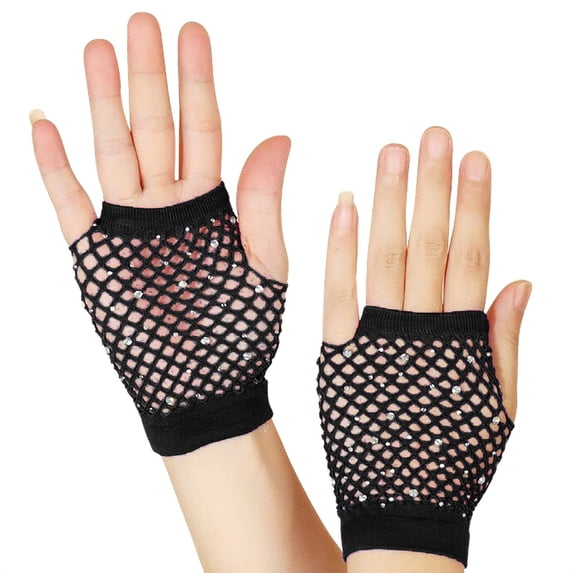 PoureLoom Long Fishnet Arm Sleeves Fingerless Fishnet Gloves With Rhinestone for Women Girls 80s Scene Accessories Black ONESIZE