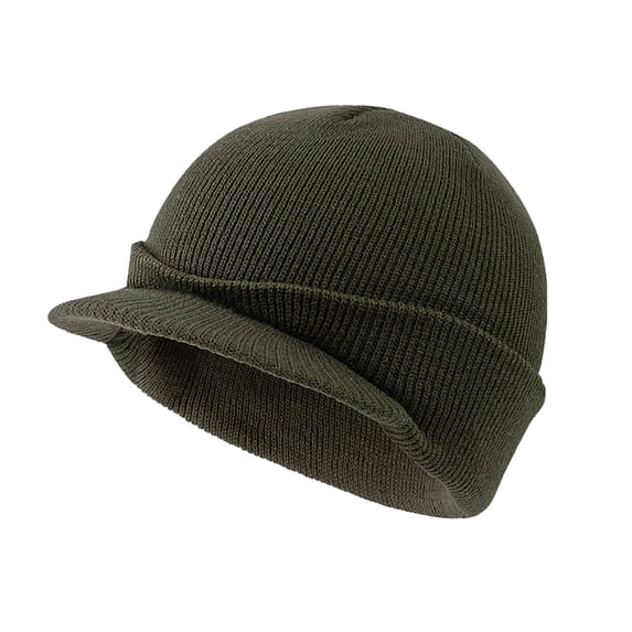 PoureLoom Men Women Brimmed Knit Beanie, Olive Green Cuffed Short Visor Winter Hat, Stretchy Warm Ribbed Knit Peaked Cap for Outdoor Cold Weather Army Green A
