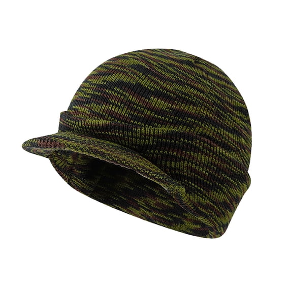 PoureLoom Men Women Brimmed Knit Beanie, Olive Green Cuffed Short Visor Winter Hat, Stretchy Warm Ribbed Knit Peaked Cap for Outdoor Cold Weather Camouflage A