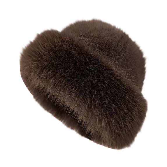 PoureLoom Men Women Warm Faux Fur Beanie Hat, Fluffy Plush Winter Skull Cap, Soft Windproof Cold Weather Hat for Outdoor Skiing Coffee One Size