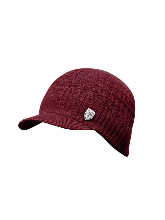 Men's Fleece Lined Knit Peaked Beanie Hat, Warm Winter Newsboy Cap with Visor Patch, Casual Outdoor Daily Cold Weather Hat Red One Size