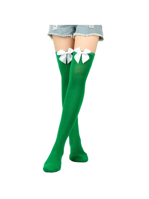 Opaque Thigh High Bow Stockings for Women Thigh Highs Stockings with Bows Over The Knee Socks Green One Size