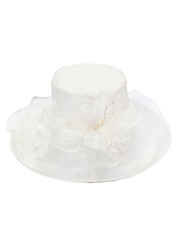 Organza Church Derby Hat Flower Wide Brim Fascinator Sun Hats for Women Wedding Cocktail Tea Party Fancy Hat White One Size