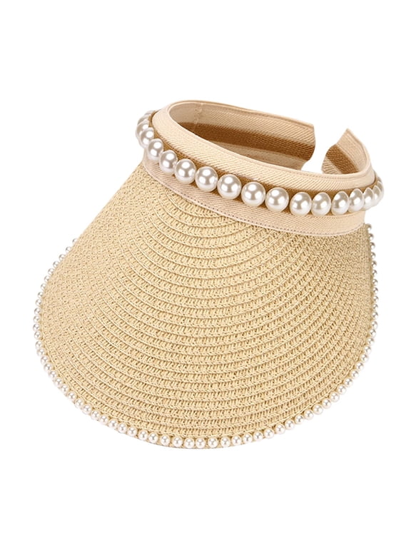 Pearl Embellished Summer Straw Visor Hat Wide Brim Sun Protection Outdoor Sports Beach Cap Breathable Hollow Top for Walking and Travel Beige One Size