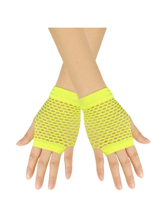 Short Fishnet Gloves Fingerless Fish Net Gloves Stretch Breathable Mesh Glove for Women Girls Costume Yellow One Size