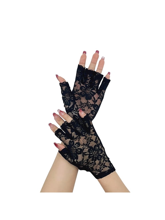 Short Lace Gloves for Women Sunblock Fingerless Bridal Wrist Gloves Opera Evening Wedding Tea Party Prom Black One Size
