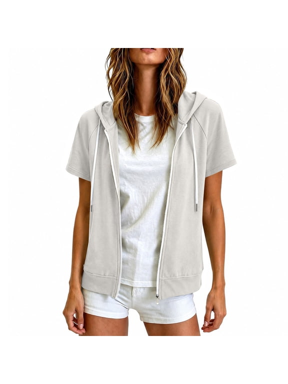 Short Sleeve Zip Up Jacket Plus Size Hoodie Summer Jackets for Women Lightweight Full Zip Sweatshirt Hooded Tank Top Women Workout Jacket Women Summer Loungewear White XL