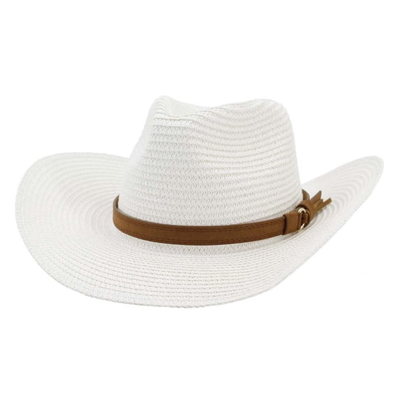 PoureLoom Straw Cowboy Hat, Western Cowgirl Hat, Wide Brim Sun Beach Hat for Men and Women White One Size