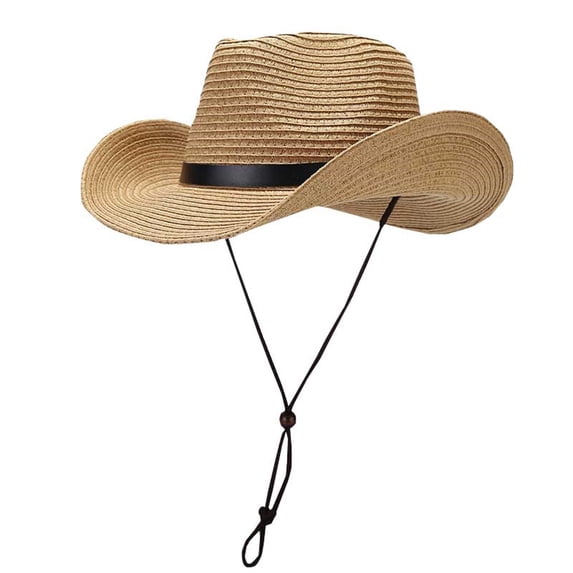 PoureLoom Straw Cowboy Hat for Women Men Wide Brim Sun Beach Hat with Chin Strap Breathable Western Cowgirl Cap for Outdoor Travel Khaki One Size