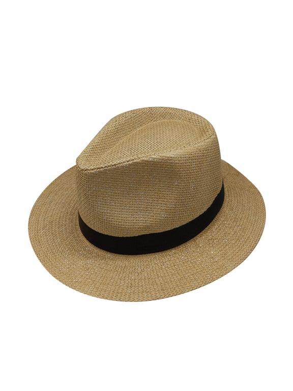 Straw Fedora Hat for Men Women Short Brim Trilby Hat Packable Roll Up Panama Jazz Cap Summer Beach Sun Cap Khaki One Size