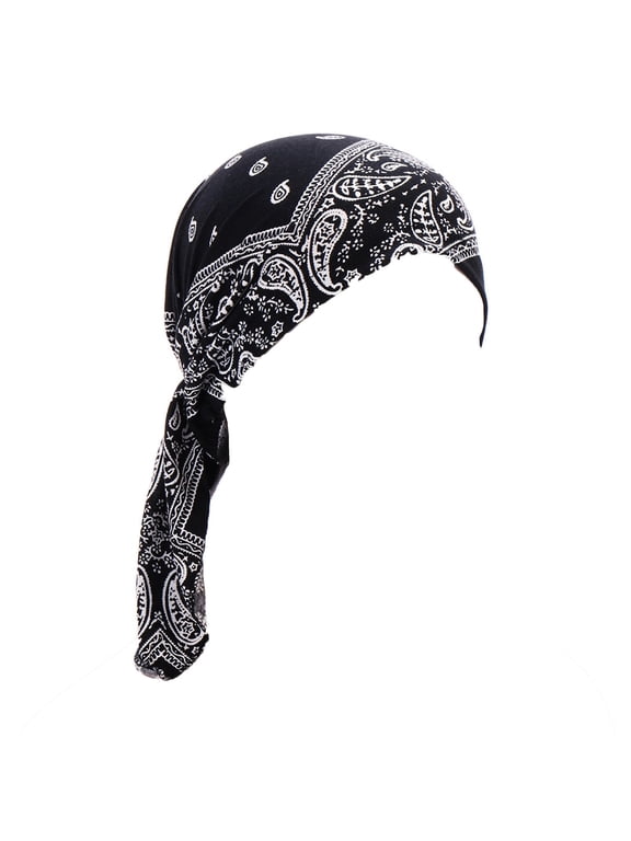 Turban Headwraps for Women Pre tied Chemo Chemotherapy Paisley Print Caps Bandana Headscarf Headwear Slip‑on Skull Hat Long Hanging Tails Stretch Fabric Breathable Cover Black One Size