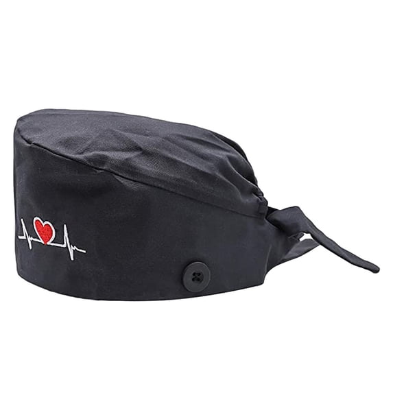 PoureLoom Unisex Classic Cotton Surgical Style Scrub Cap for Men Women Self Tie Built in Sweatband Cotton Black One Size
