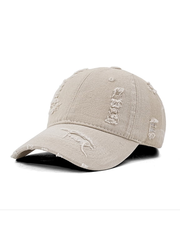 Unisex Distressed Washed Denim Baseball Cap Curved Brim Adjustable Vintage Street Casual Sun Hat Visor for Men Women Beige One Size