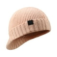 thumbnail image 1 of PoureLoom Unisex Double‑Layer Knit Visor Winter Beanie, Ribbed Cuffed Folded Brim, Small Black Square Patch, Fleece Lining Short Peaked Pre‑Curve Brim Hat Pink A, 1 of 4
