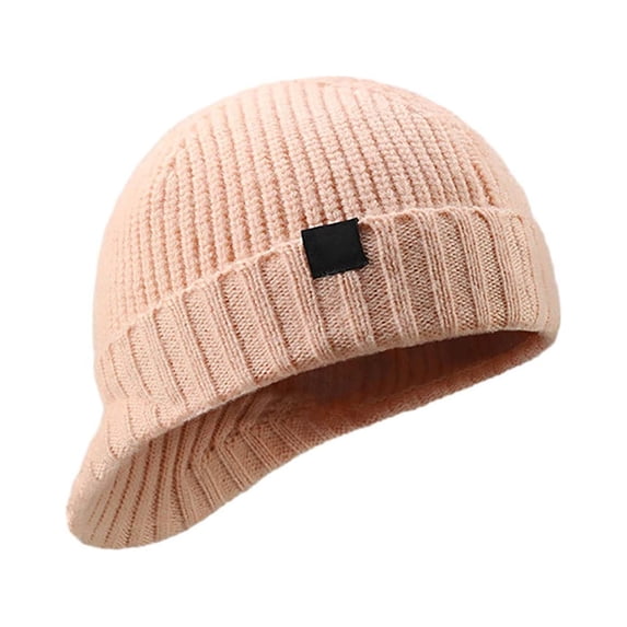 PoureLoom Unisex Double‑Layer Knit Visor Winter Beanie, Ribbed Cuffed Folded Brim, Small Black Square Patch, Fleece Lining Short Peaked Pre‑Curve Brim Hat Pink A