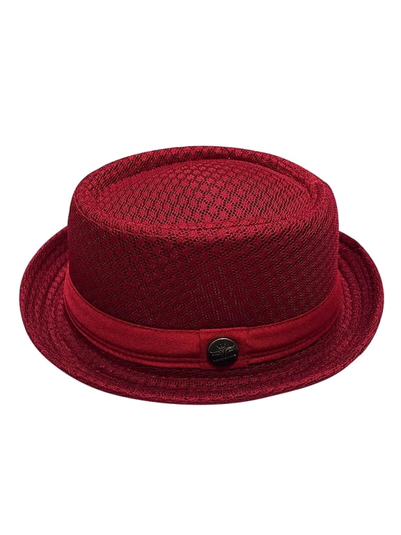 Unisex Mesh Straw Pork Pie Hat Short Rolled Brim Panama Fedora Hat Retro Trilby Jazz Cap Summer Beach Flat Top Boater Sun Cap Wine One Size