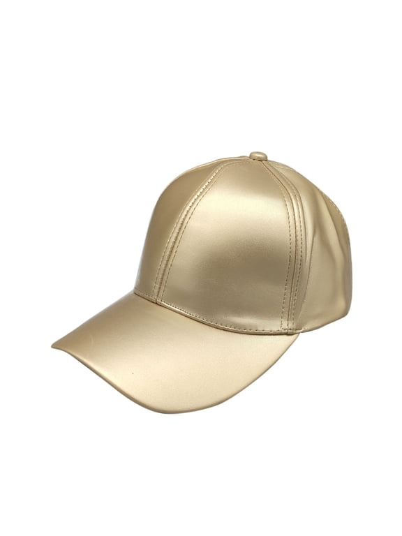Unisex Solid Faux Leather Baseball Cap, Cream White Plain PU Curved Brim Hat, Adjustable Casual Dressy Daily Wear Dad Hat Gold One Size