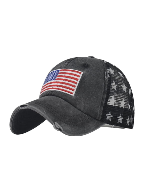 Vintage Washed American Flag Trucker Hat, USA Embroidered Patch Star Mesh Back Cap, Patriotic Adjustable Outdoor Baseball Hat Black One Size