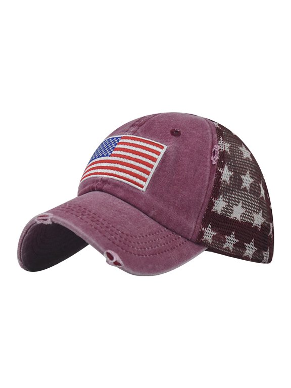 Vintage Washed American Flag Trucker Hat, USA Embroidered Patch Star Mesh Back Cap, Patriotic Adjustable Outdoor Baseball Hat Red One Size