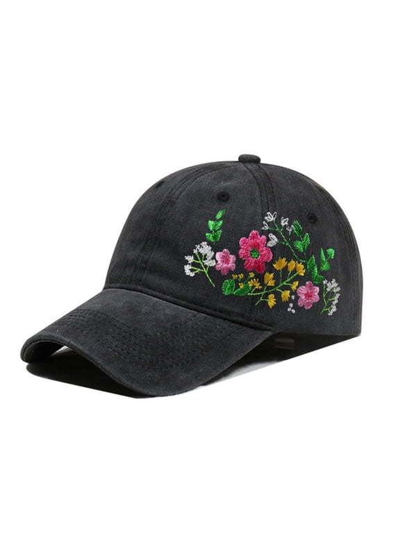 Vintage Washed Cotton Baseball Hat for Women, Colorful Floral Flower Embroidery Cap, Adjustable Curved Brim Outdoor Daily Dad Hat Black One Size