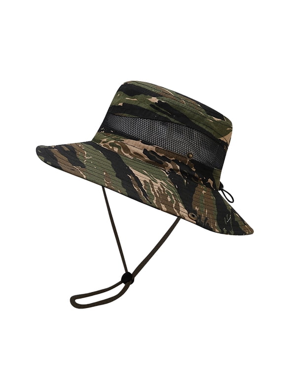 Wide Brim Camo Boonie Hat for Men Women Breathable Sun Fishing Hats with Adjustable Chin Strap Tactical Bucket Hat Army Green One Size