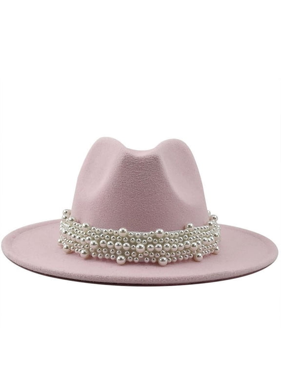Wide Brim Fedora Hats for Women & Men Classic Dress Panama Hat Adjustable Felt Hat with Band Pink L
