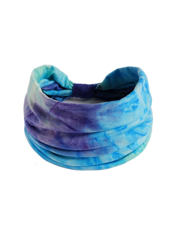 Wide Tie Dye Knotted Headband for Women, Soft Stretch Fabric Turban Head Wrap, Boho Bow Hair Band for Yoga Workout Festival Vacation Daily Hair Accessories Blue One Size