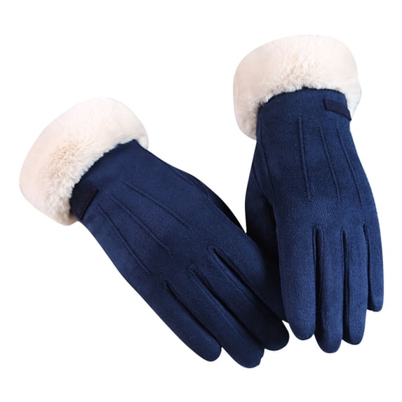 PoureLoom Winter Suede Leather Full Finger Gloves, Woman's Plush Lined Touch Screen Gloves with Faux Fur Cuff Blue One Size
