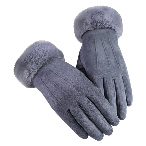PoureLoom Winter Suede Leather Full Finger Gloves, Woman's Plush Lined Touch Screen Gloves with Faux Fur Cuff Gray One Size