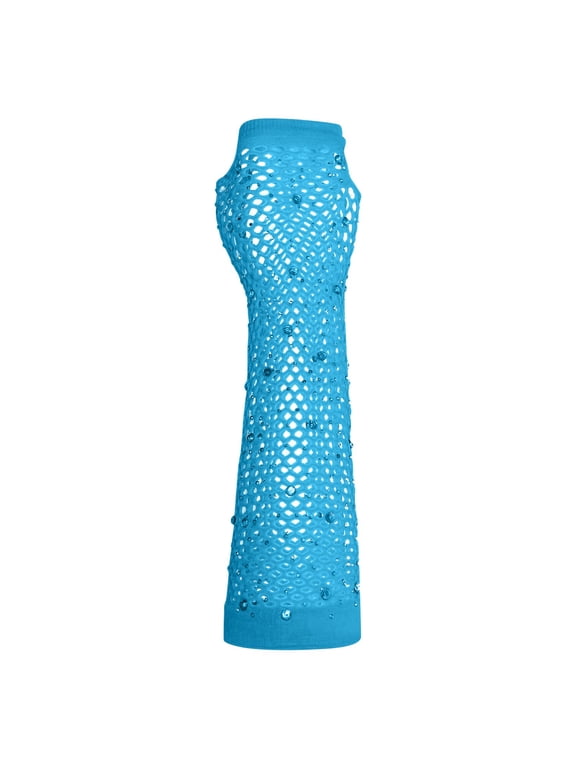 Women Fishnet Rhinestone Gloves Fingerless Fish Net Arm Sleeve Warmers 80s Emo Scene Accessories Blue ONESIZE