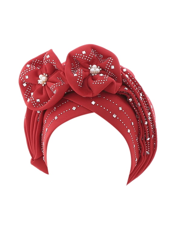 Women Glitter Big Flower Elastic Turban Chemo Beanie for Women Hair Loss Islamic Headwear Head Cover Red One Size