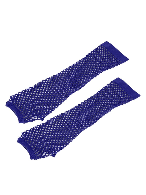 Women Long Rhinestone Fingerless Fishnet Gloves Punk Fish Net Arm Sleeve Costume Blue One Size