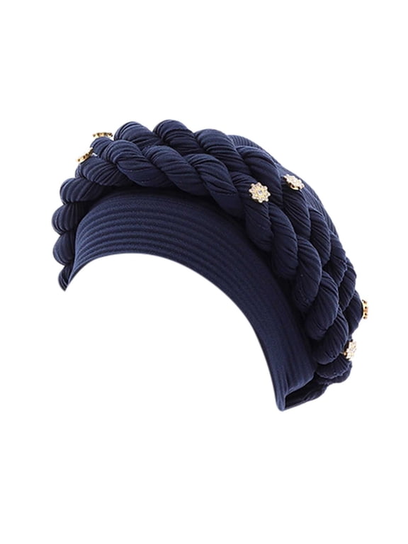 Women Pearl Braid Beaded Turban Chemo Cancer Beanie Headwear for Women Hair Loss Head Cover Navy One Size