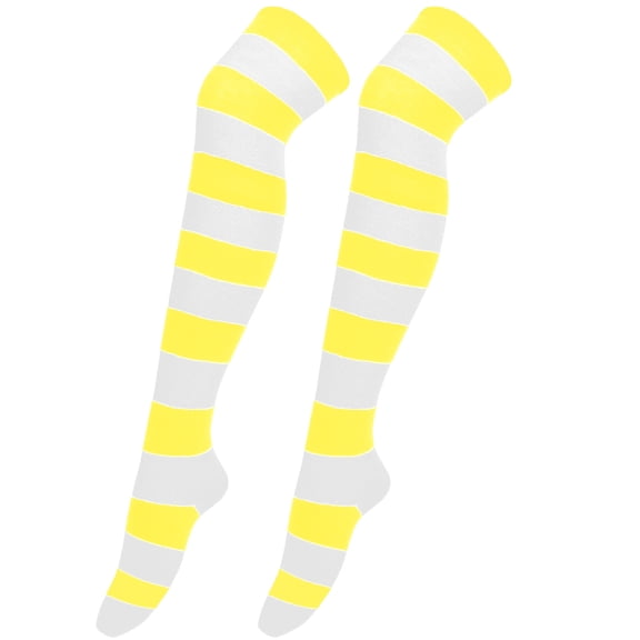 PoureLoom Women Striped Thigh High Socks Elastic Stretchy Extra Long Over Knee Stockings Comfortable Hosiery for Cosplay Halloween Christmas Costume Party Outfits Yellow One Size
