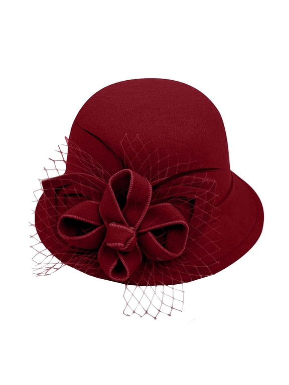Women Wide Brim Bowler Church Hat 1920s Retro Felt Fedora Cap Blend Floral Fascinator Hat with Veil Wine M