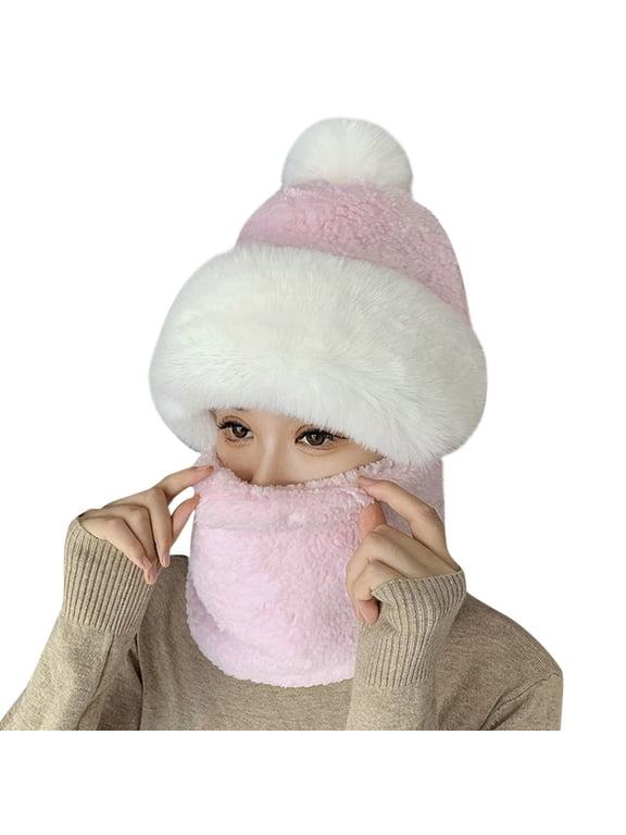 Women Winter Peruvian Cover Ears Beanie Hat Faux Fur Earflap Trapper Hat Sherpa Knit Snow Ski Cap with Pompom Pink One Size