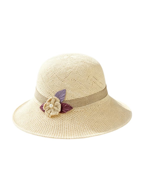 Women's Crochet Bucket Hat with Flower Accent Foldable Wide Brim Breathable Adjustable Sun Hat for Beach Travel Hiking Beige One Size