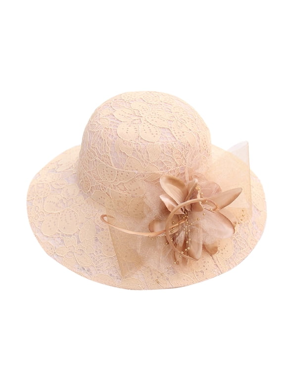 Women's Elegant Lace Dress Hat, Wide Brim Floppy Church Hat with Satin Flower Tulle, Derby Wedding Tea Party Sun Hat Beige One Size