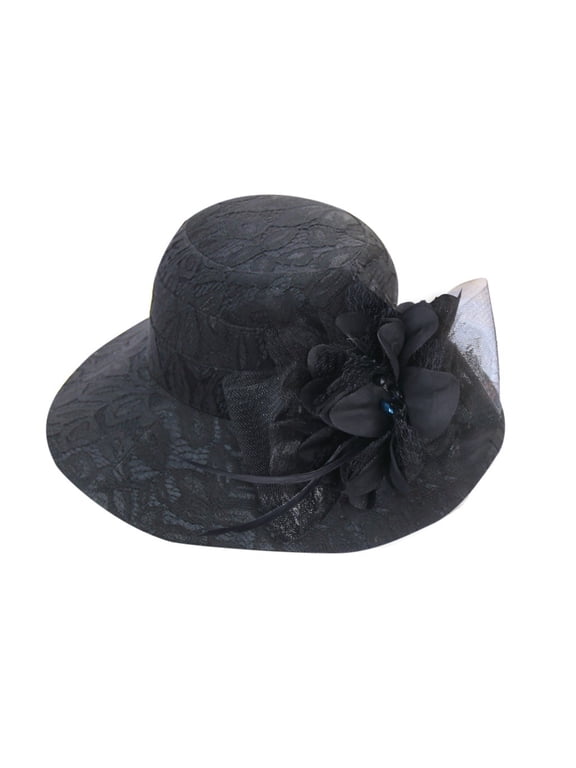 Women's Elegant Lace Dress Hat, Wide Brim Floppy Church Hat with Satin Flower Tulle, Derby Wedding Tea Party Sun Hat Black One Size