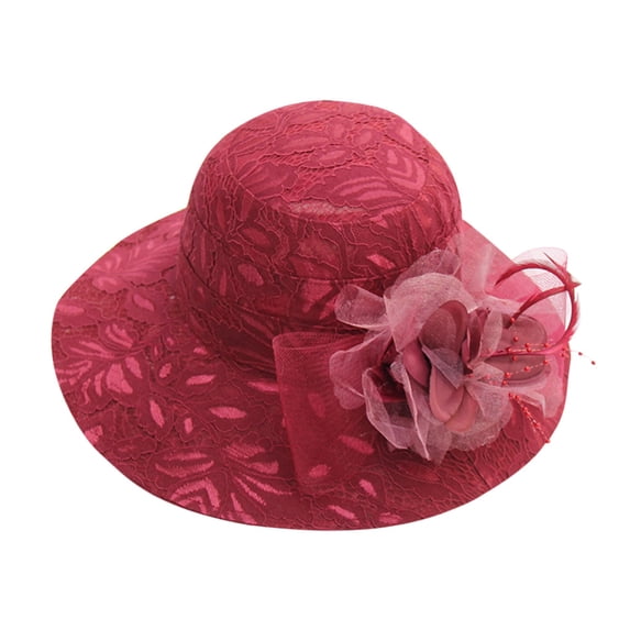 PoureLoom Women's Elegant Lace Dress Hat, Wide Brim Floppy Church Hat with Satin Flower Tulle, Derby Wedding Tea Party Sun Hat Wine Red One Size