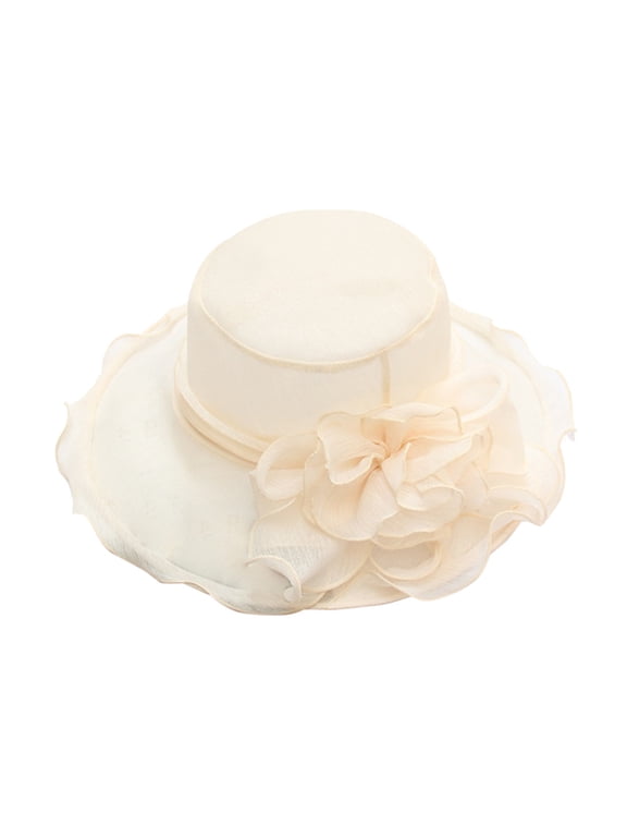 Women's Elegant Ruffled Organza Dress Hat, Wide Brim Kentucky Derby Hat with Large Floral Decoration, Church Wedding Tea Party Fascinator Hat Beige One Size