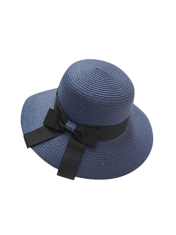 Women's Foldable Wide Brim Straw Sun Hat, Floppy Beach Hat with Black Ribbon Bow, UPF50+ UV Protection Hat for Summer Holiday Outdoor Navy One Size