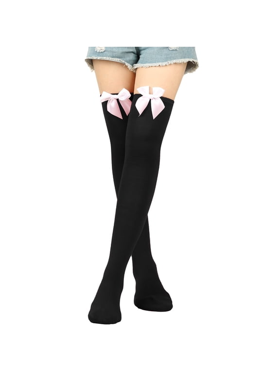 Women's Girls Thigh High Stockings Over the Knee Socks with Satin Bows Black One Size