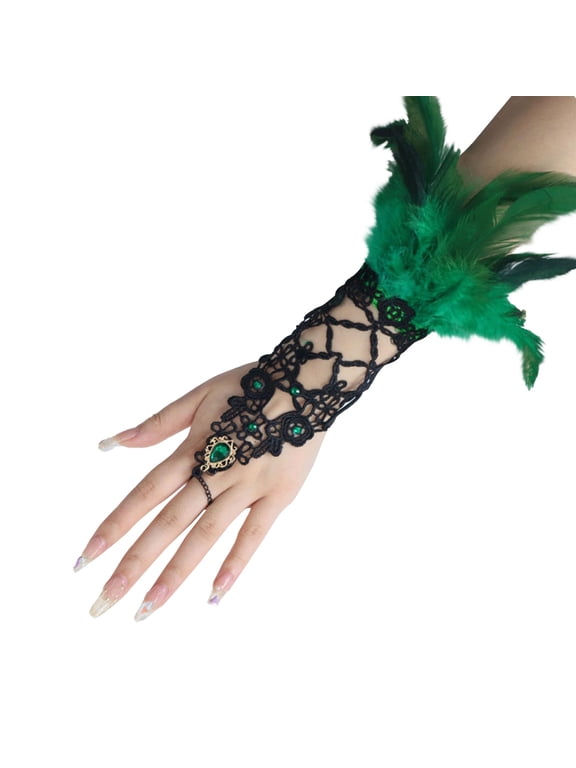 Women's Gothic Lace Feather Gloves Feather Arm Sleeve Wristband Mesh Cuff Costume Accessories Green One Size