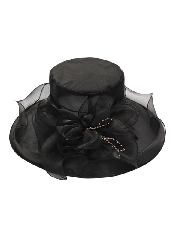 Women’s Organza Church Tea Party Wedding Fascinator Derby Hat Wide Brim Sun Hats Black One Size